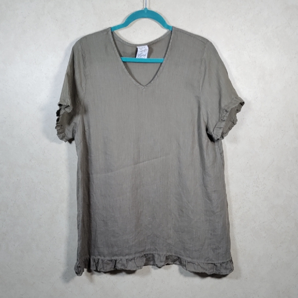 H145 Match Point olive green linen ruffle trim blouse L